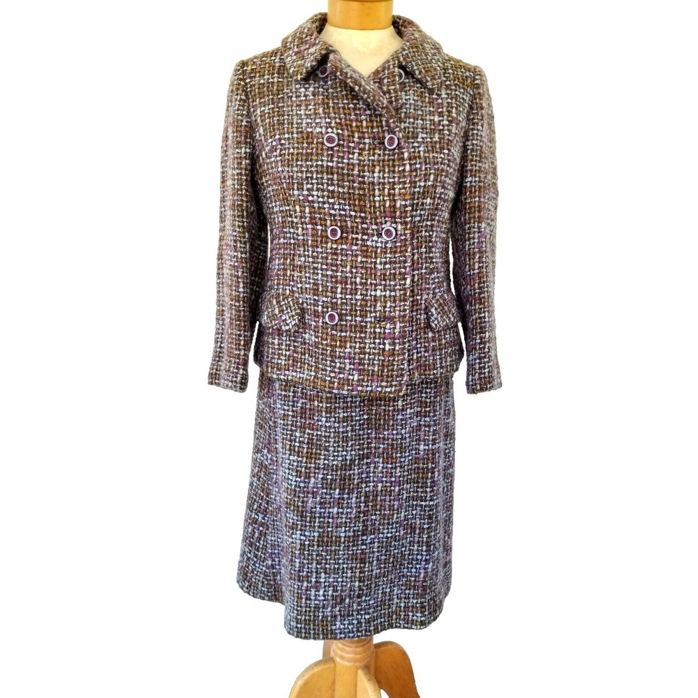 Vintage 1960'S Modern Deb Wool Plaid Purple Blue 2 Pc Suit Size Small